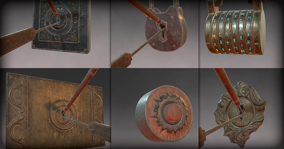 Lockpicking - Key locks, Padlock, and Cipher + Button - Fantasy RPG Lock Picking | 3D Industrial preview 2