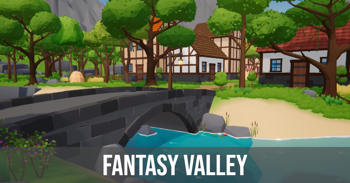 Low Poly Fantasy Valley with Village preview 2